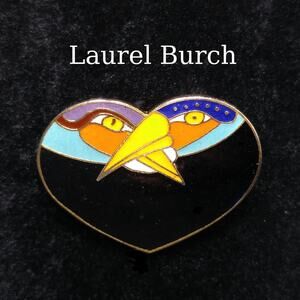 Laurel Burch Two Bird Heart Brooch, Gold Plated Cloisonne, 1980s Vintage Jewelry